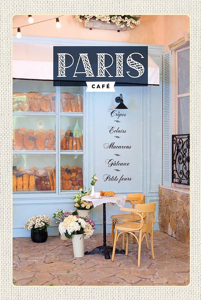 Holzschild 18x12 cm Paris Cafe Crepes Eclairs Macarons Bildmotiv Reisemotiv Abenteuer Reisen
