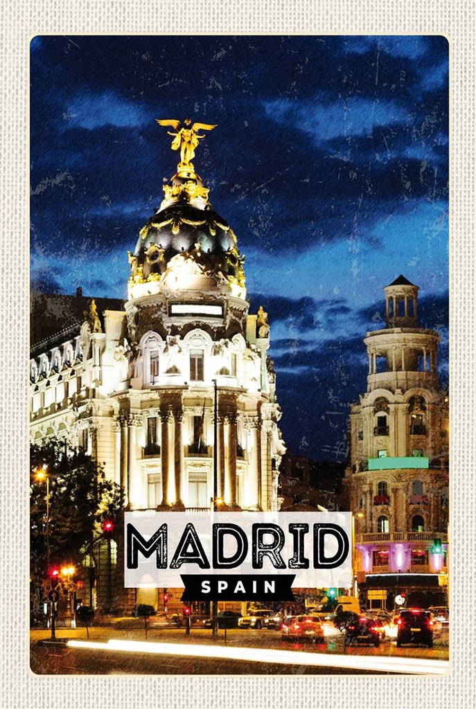 Holzschild 18x12 cm Madrid Spain Retro Nacht Poster Bildmotiv Reisemotiv Abenteuer Reisen