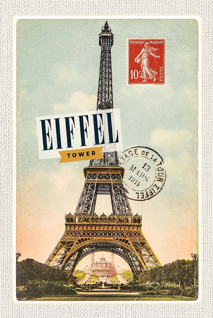 Holzschild 18x12 cm Eifell tower Reisen 13 Mars 1914 10c postes Bildmotiv Reisemotiv Abenteuer
