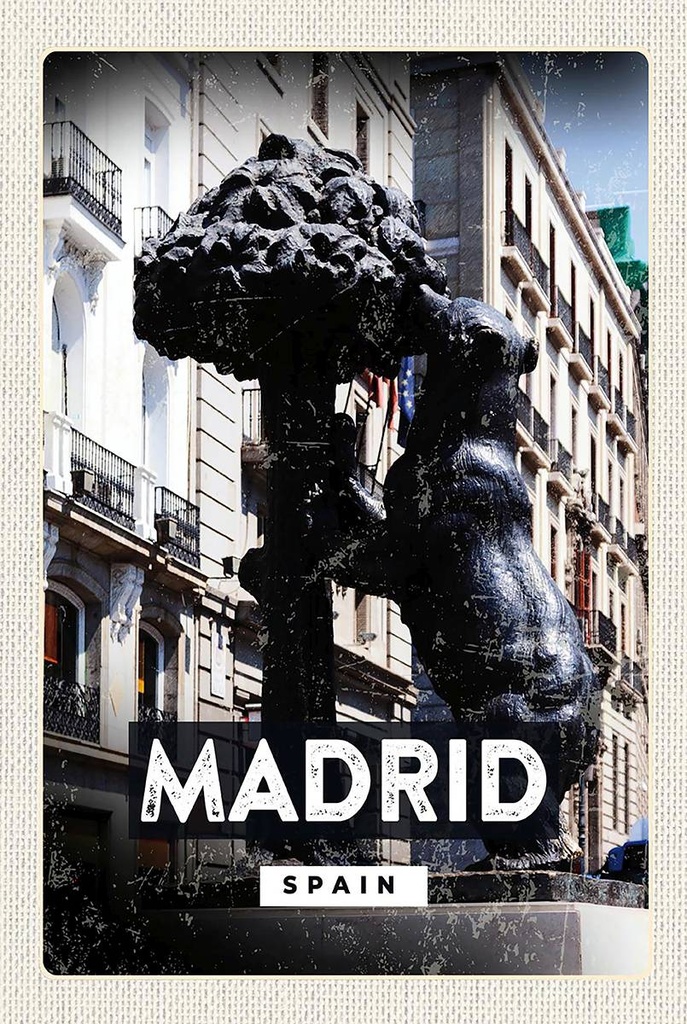 Holzschild 18x12 cm Madrid Spain Statue des Bären Bildmotiv Reisemotiv Abenteuer Reisen