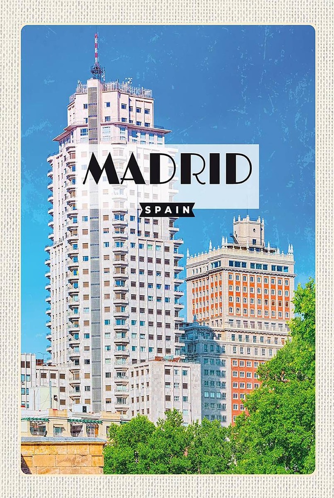 Holzschild 18x12 cm Madrid Spanien Hochhaus Architektur Bildmotiv Reisemotiv Abenteuer Reisen