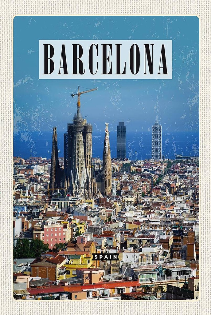 Holzschild 18x12 cm Barcelona Spanien Blick auf Stadt Bildmotiv Reisemotiv Abenteuer Reisen