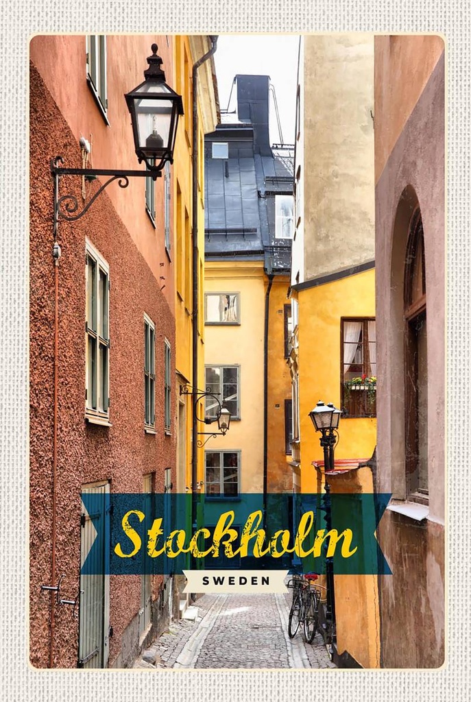 Holzschild 18x12 cm Stockholm Schweden Altstadt Gasse Bildmotiv Reisemotiv Abenteuer Reisen