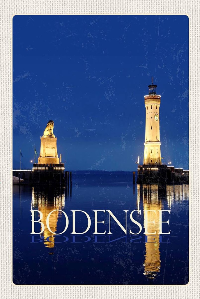 Holzschild 18x12 cm Bodensee Deutschland Leuchtturm Nacht Bildmotiv Reisemotiv Abenteuer Reisen