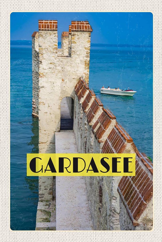 Holzschild 18x12 cm Gardasee Italien Boot Gebäude Sommer Bildmotiv Reisemotiv Abenteuer Reisen