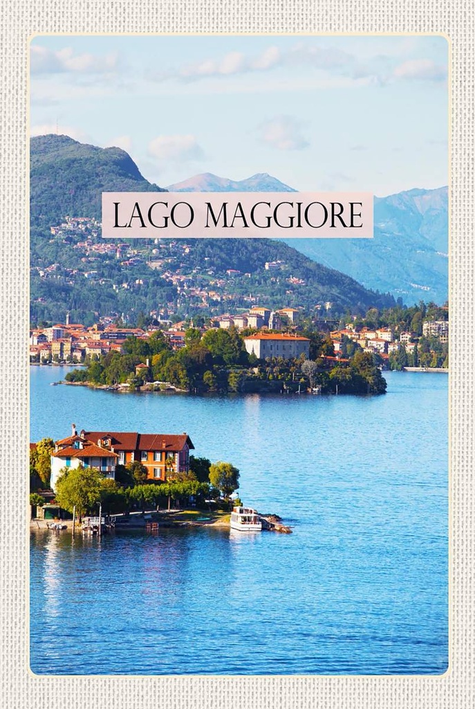 Holzschild 18x12 cm Lago Maggiore Aussicht auf Insel Meer Bildmotiv Reisemotiv Abenteuer Reisen