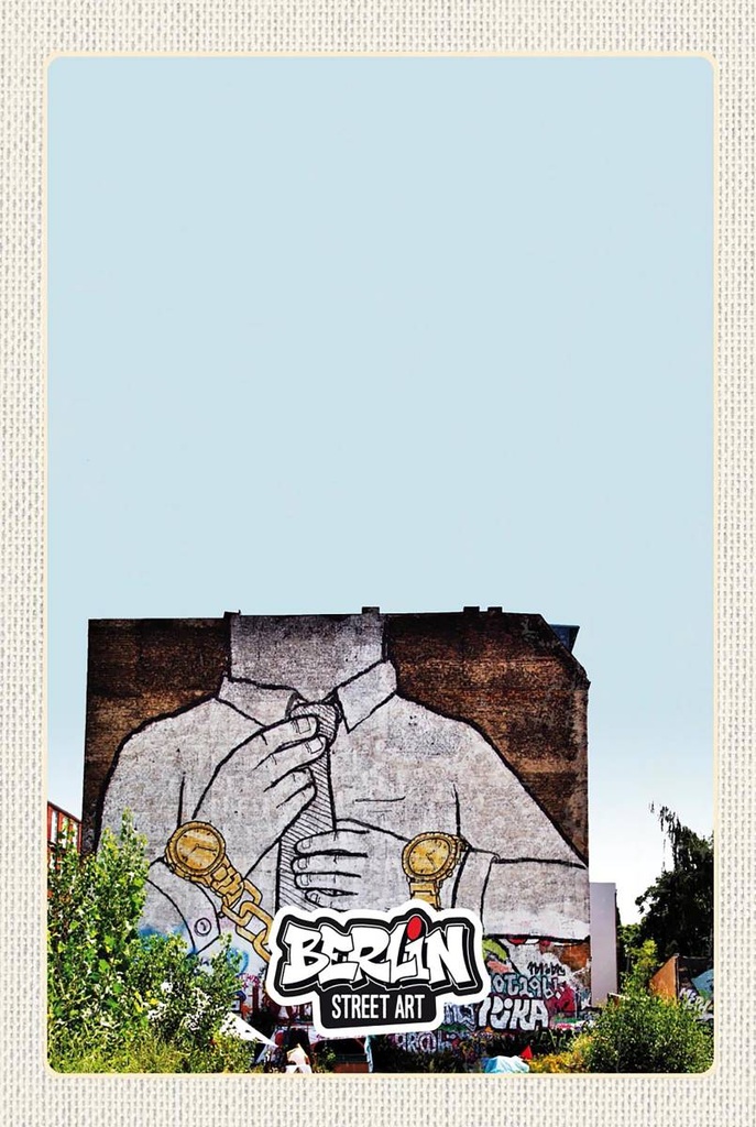 Holzschild 18x12 cm Berlin Kreuzberg Graffiti Geschäftsmann Bildmotiv Reisemotiv Abenteuer Reisen