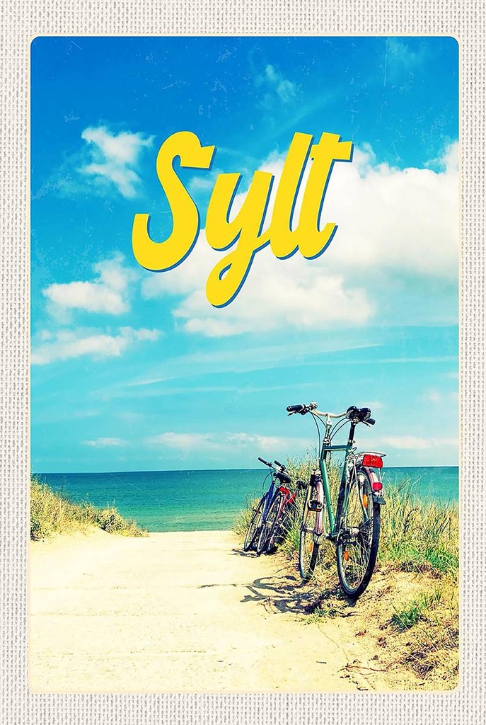 Holzschild 18x12 cm Sylt Strand Meer Sand Sommer Fahrrad Bildmotiv Reisemotiv Abenteuer Reisen