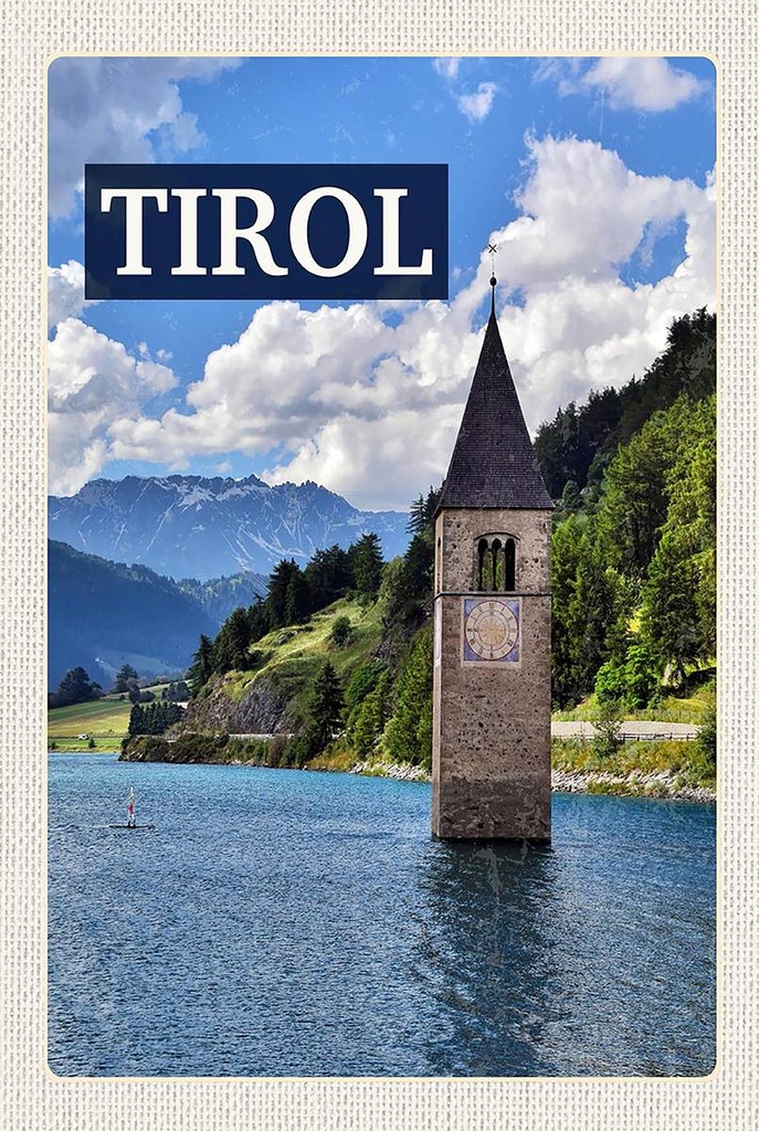 Holzschild 18x12 cm Tirol Österreich Kirchturm im Wasser Bildmotiv Reisemotiv Abenteuer Reisen