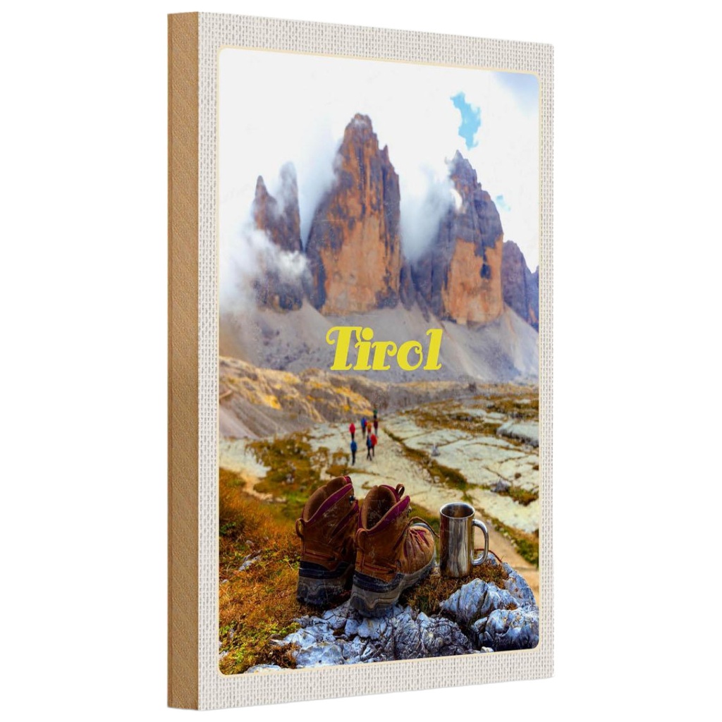 [LA-1782506-H] Holzschild 18x12 cm Tirol Wanderung Schuhe kaltes Getränk Bildmotiv Reisemotiv Abenteuer Reisen