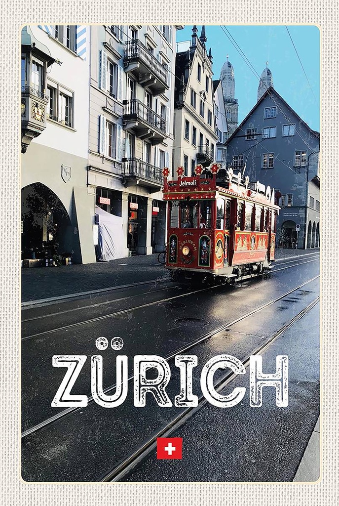 Holzschild 18x12 cm Zürich Schweiz Jelmoli Straßenbahn Bildmotiv Reisemotiv Abenteuer Reisen