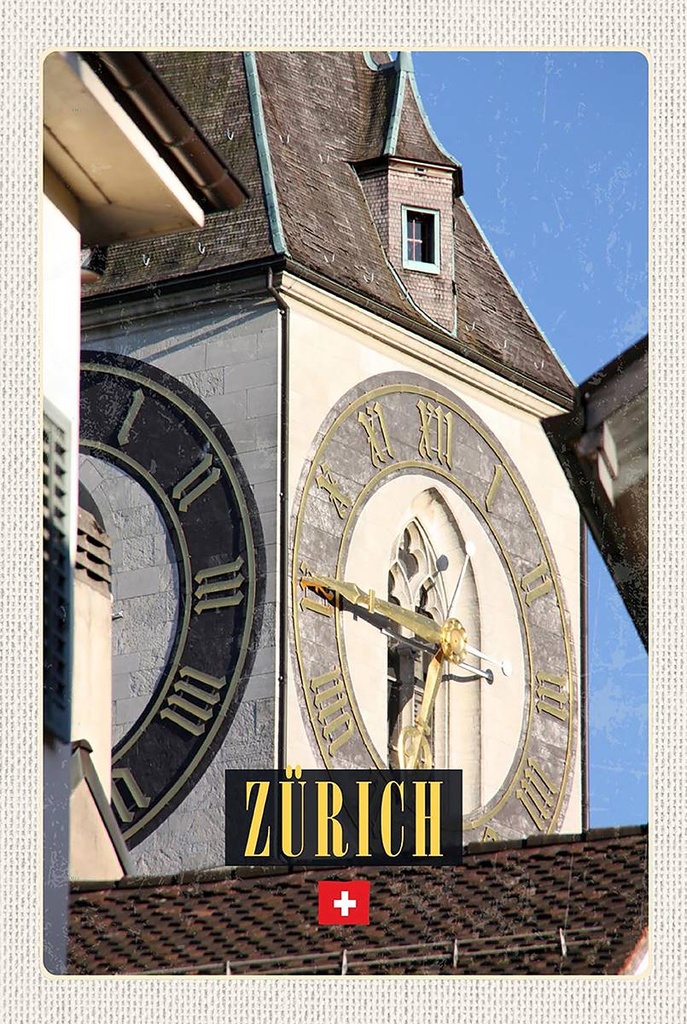 Holzschild 18x12 cm Zürich Kirchenuhr Gold Architektur