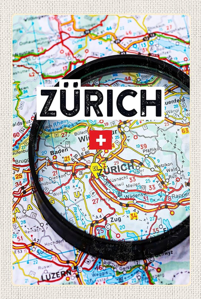 Holzschild 18x12 cm Zürich Schweiz Karte Lupe Stadt Bildmotiv Reisemotiv Abenteuer Reisen