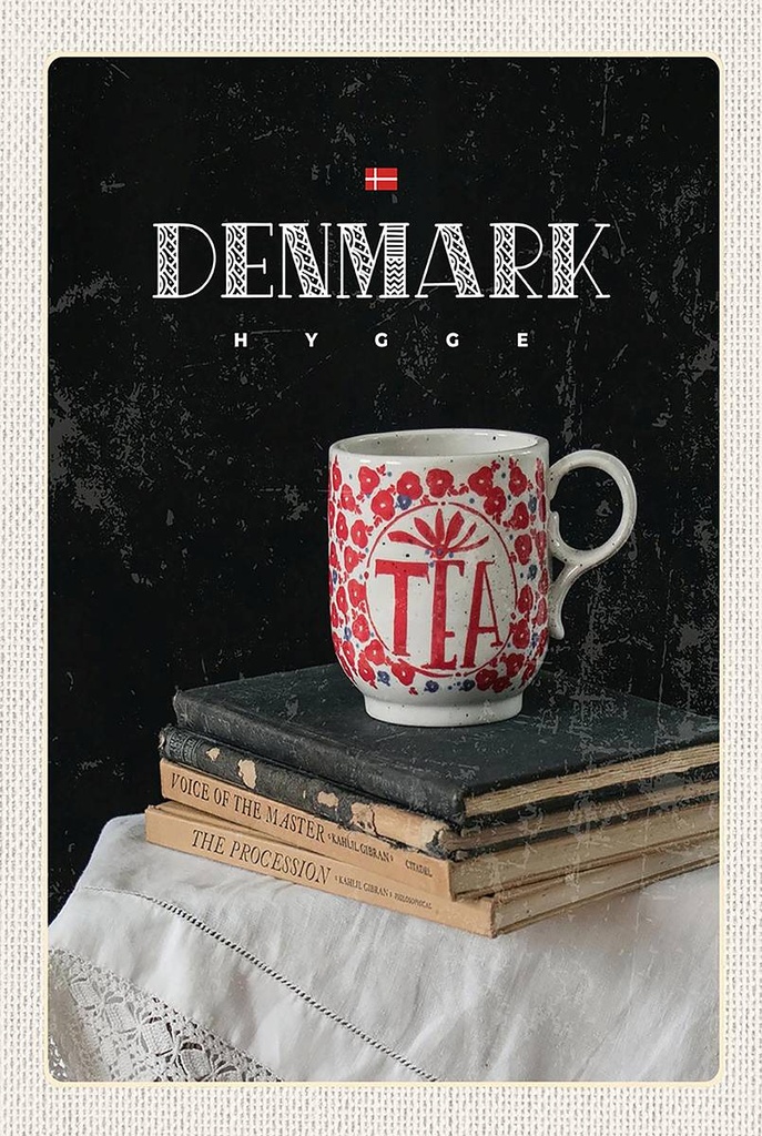 Holzschild 18x12 cm Dänemark Teetasse Bücher Tischdecke Bildmotiv Reisemotiv Abenteuer Reisen
