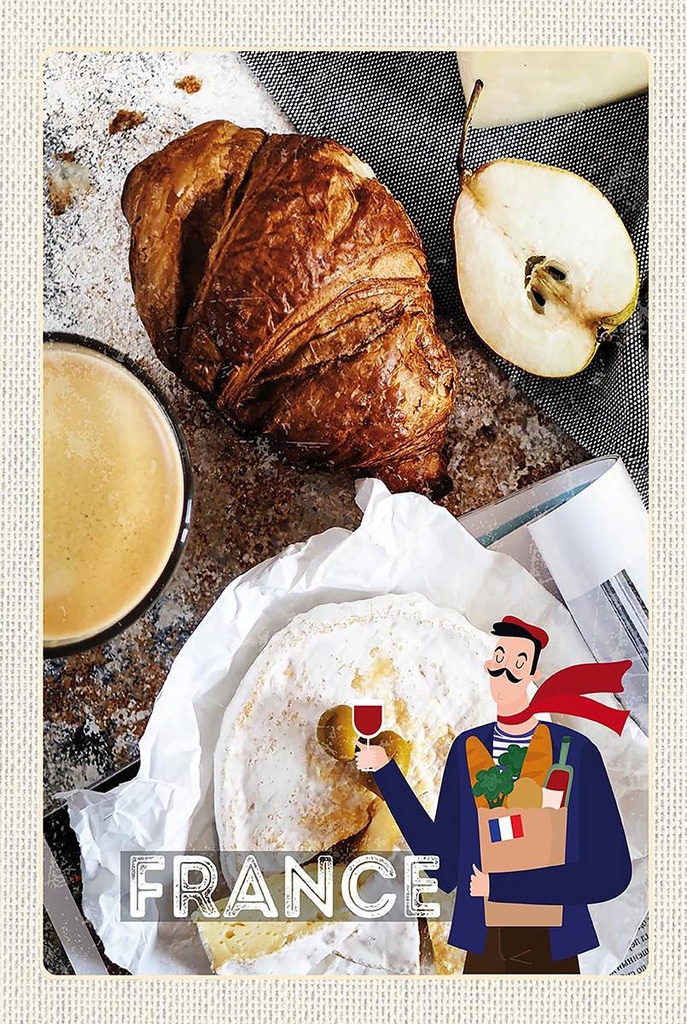 Holzschild 18x12 cm Frankreich Kaffee Croissant Birne