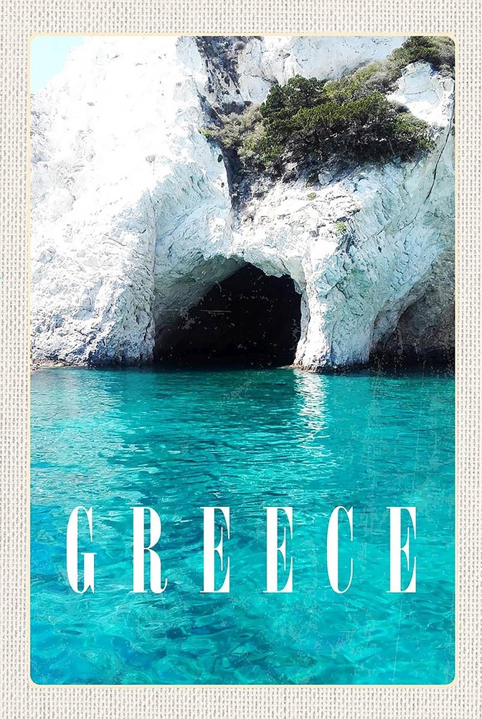 Holzschild 18x12 cm Greece Meer Strand Stein Höhle Bildmotiv Reisemotiv Abenteuer Reisen
