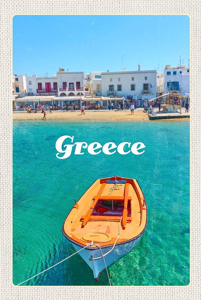 Holzschild 18x12 cm Greece Griechenland Meer Boot Strand Bildmotiv Reisemotiv Abenteuer Reisen