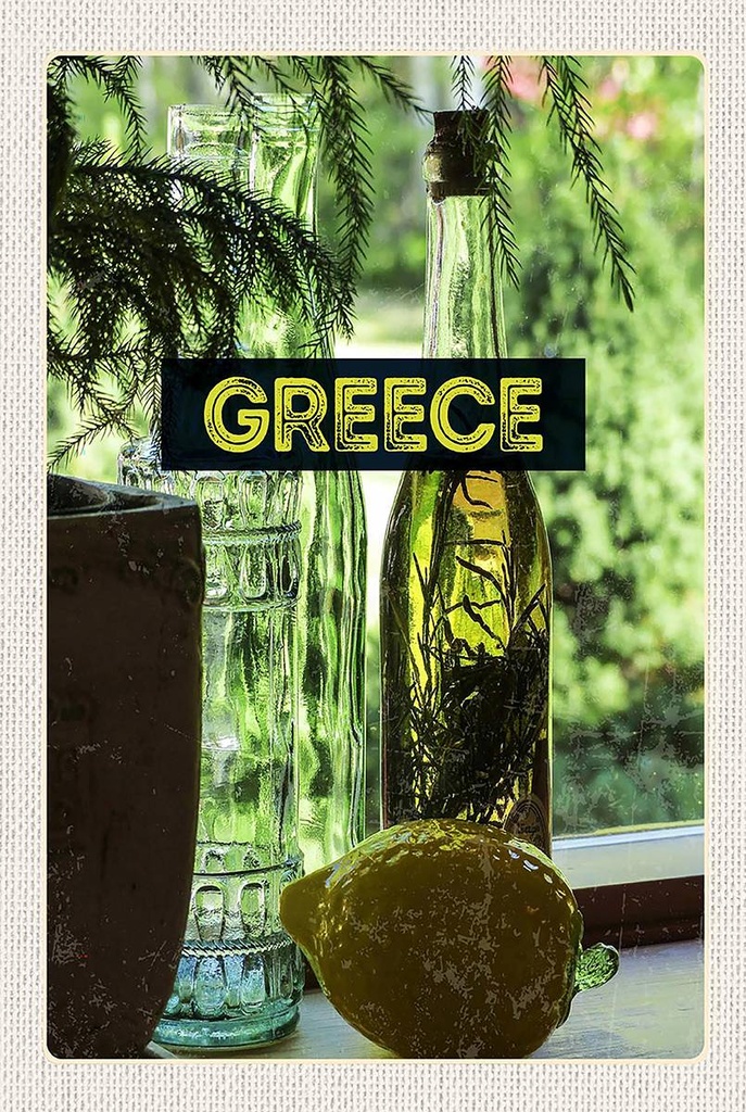 Holzschild 18x12 cm Greece Griechenland Flaschen Bildmotiv Reisemotiv Abenteuer Reisen