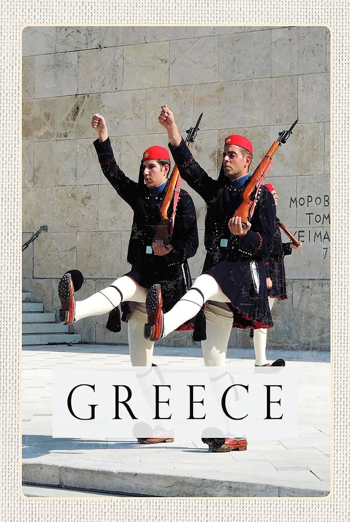 Holzschild 18x12 cm Greece Griechenland Soldaten Waffe Hut Bildmotiv Reisemotiv Abenteuer Reisen