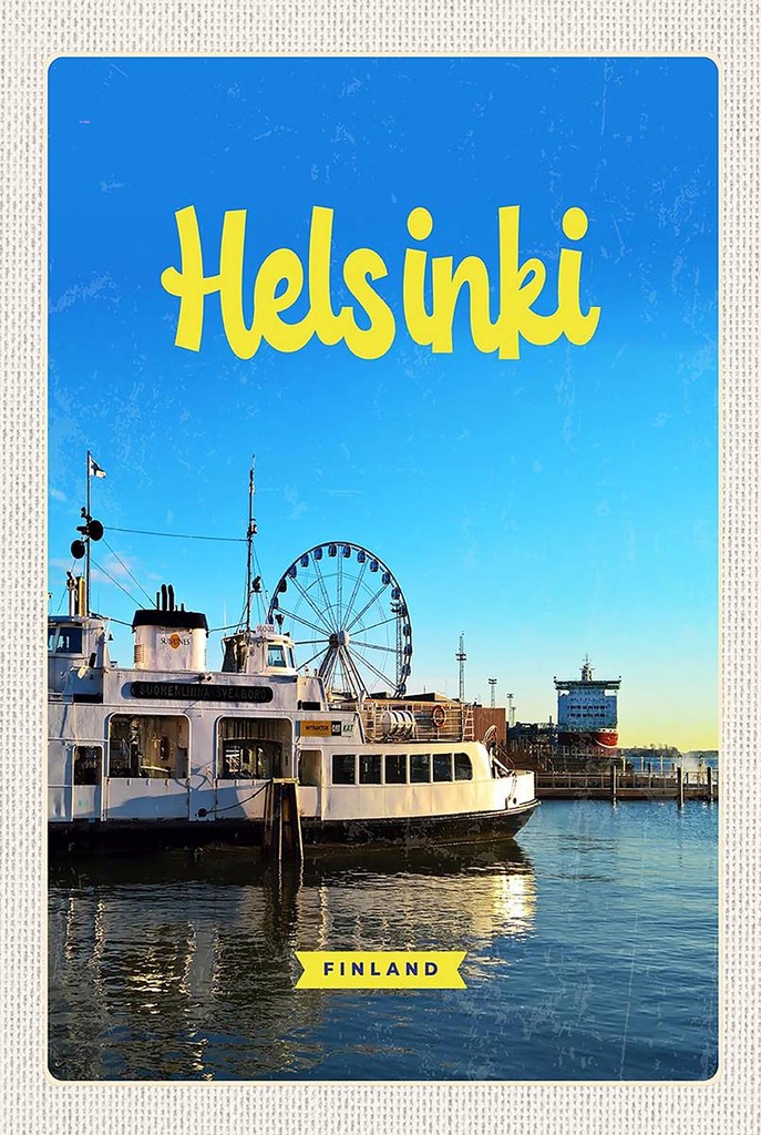 Holzschild 18x12 cm Helsinki Finnland Schiff Riesenrad Bildmotiv Reisemotiv Abenteuer Reisen