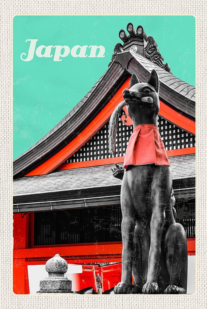 Holzschild 18x12 cm Japan Miyajima Tempel Kitsune Statue Bildmotiv Reisemotiv Abenteuer Reisen