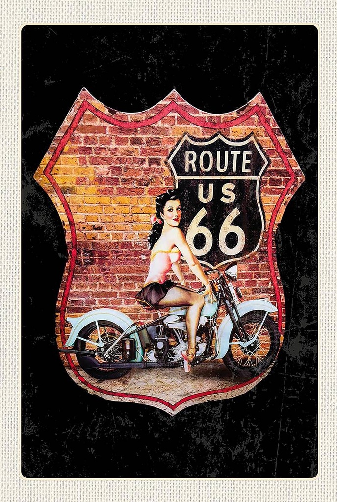 Holzschild 18x12 cm USA Amerika Reisen Route US 66 Motorrad Frau Bildmotiv Reisemotiv Abenteuer