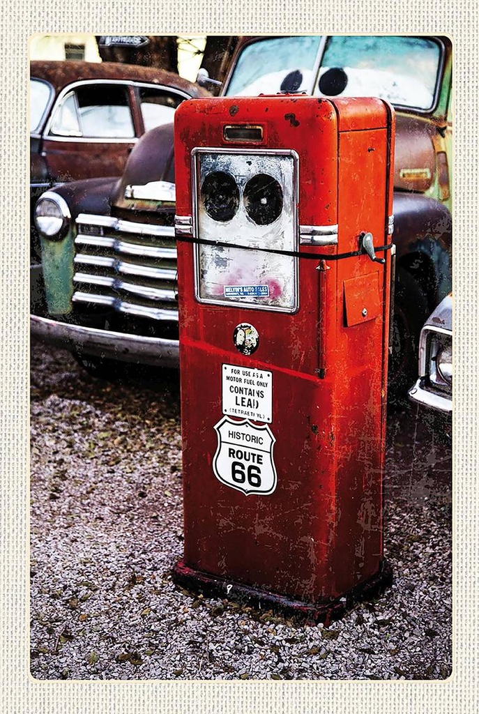 Holzschild 18x12 cm USA Amerika Tankstelle Route 66 90er Bildmotiv Reisemotiv Abenteuer Reisen