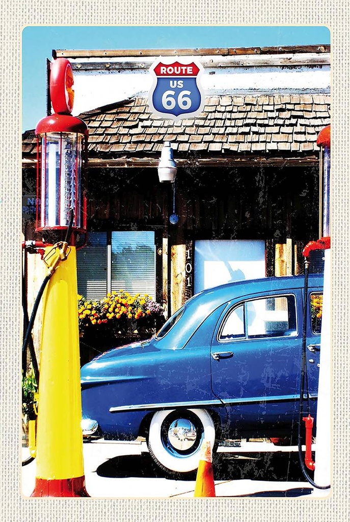 Holzschild 18x12 cm Amerika Chicago Route 66 Tankstelle Bildmotiv Reisemotiv USA