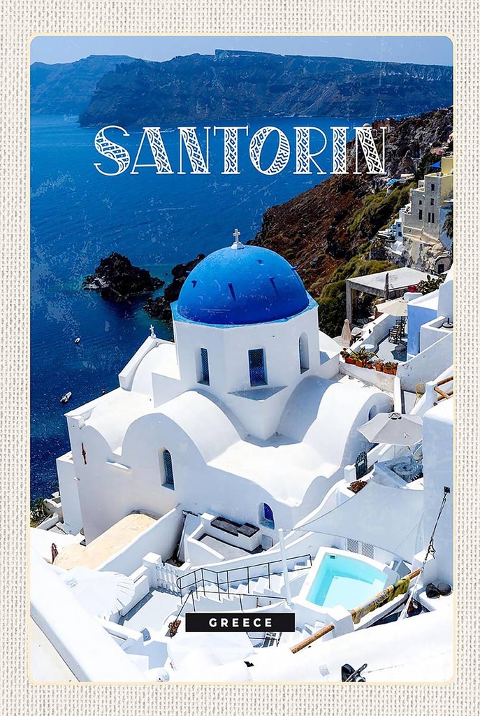 Holzschild 18x12 cm Santorini Greece Gebäude weiß blau Bildmotiv Reisemotiv Abenteuer Reisen