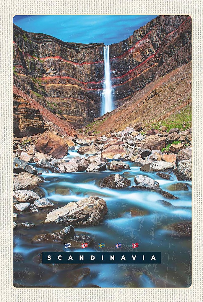 Holzschild 18x12 cm Skandinavien Fluss Steine Wasserfall Bildmotiv Reisemotiv Abenteuer Reisen