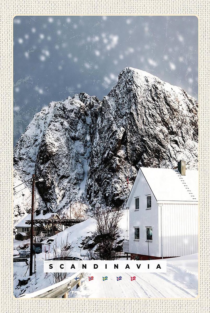 Holzschild 18x12 cm Skandinavien Schnee Winter Berg Haus Bildmotiv Reisemotiv Abenteuer Reisen