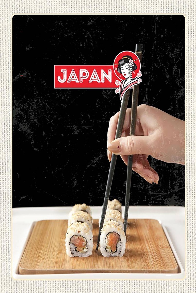 Holzschild 18x12 cm Japan Asien Sushi Fisch Alge Stäbchen Bildmotiv Reisemotiv Abenteuer Reisen