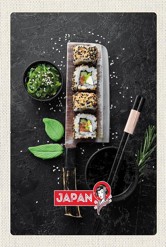 Holzschild 18x12 cm Japan Asien Sushi Fisch Essen Stäbchen Bildmotiv Reisemotiv Abenteuer Reisen