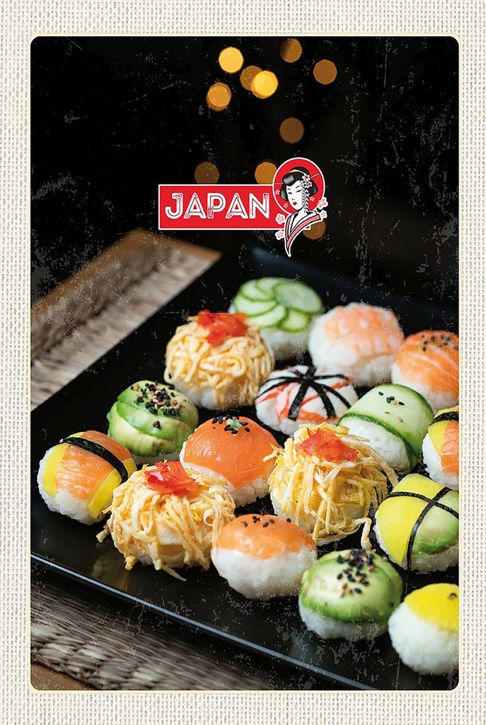 Holzschild 18x12 cm Japan Asien Sushi Fisch Gurke Avocado Bildmotiv Reisemotiv Abenteuer Reisen