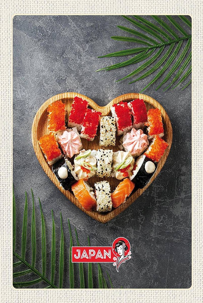 Holzschild 18x12 cm Japan Asien Sushi soße Gurke Stäbchen Bildmotiv Reisemotiv Abenteuer Reisen