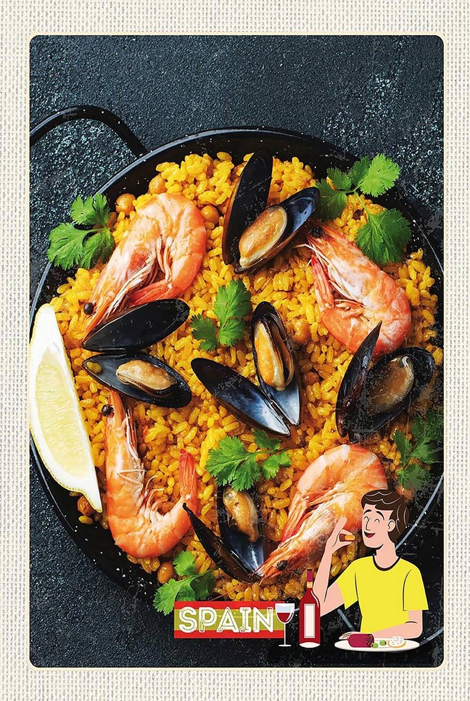 Holzschild 18x12 cm Spanien Europa Paella Reis Muscheln Bildmotiv Reisemotiv Abenteuer Reisen