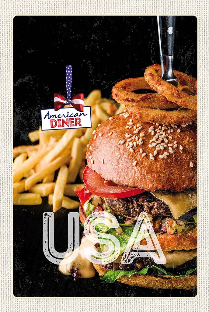 Holzschild 18x12 cm USA Burger Pommes Zwiebelringe essen Bildmotiv Reisemotiv Abenteuer Reisen