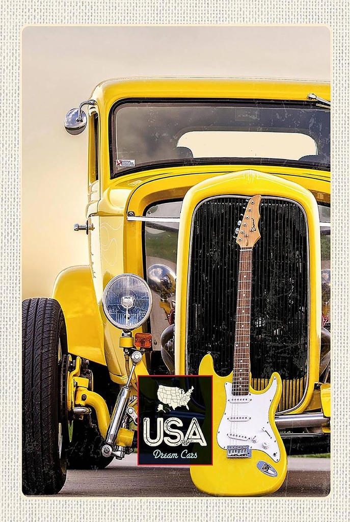 Holzschild 18x12 cm Amerika Oldtimer gelb Auto Gitarre Bildmotiv Reisemotiv USA