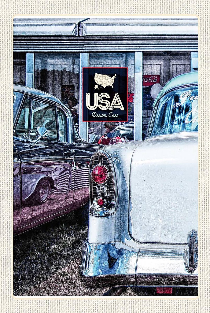 Holzschild 18x12 cm Amerika Oldtimer 90er silber Dram Cars Bildmotiv Reisemotiv USA