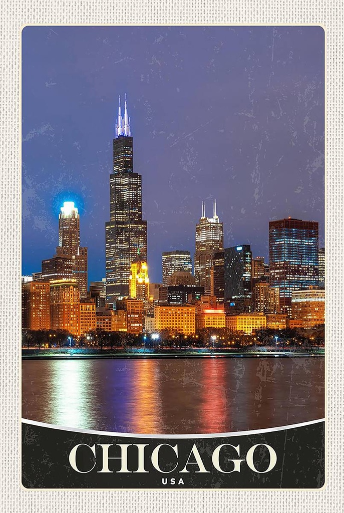 Holzschild 18x12 cm Chicago USA Amerika Abend am Meer Bildmotiv Reisemotiv Abenteuer Reisen
