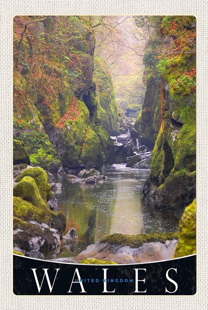 Holzschild 18x12 cm Wales England Fluss Wald Bildmotiv Reisemotiv Abenteuer Reisen