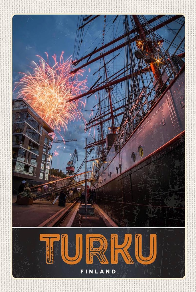 Holzschild 18x12 cm Turku Finnland Schiff Feuerwerk Bildmotiv Reisemotiv Abenteuer Reisen