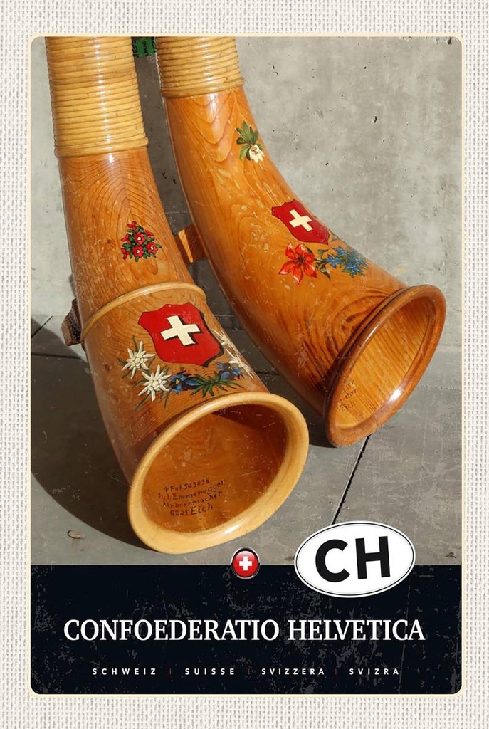 Holzschild 18x12 cm Confoederatio Helvetica Alphorn Bildmotiv Reisemotiv Abenteuer Reisen