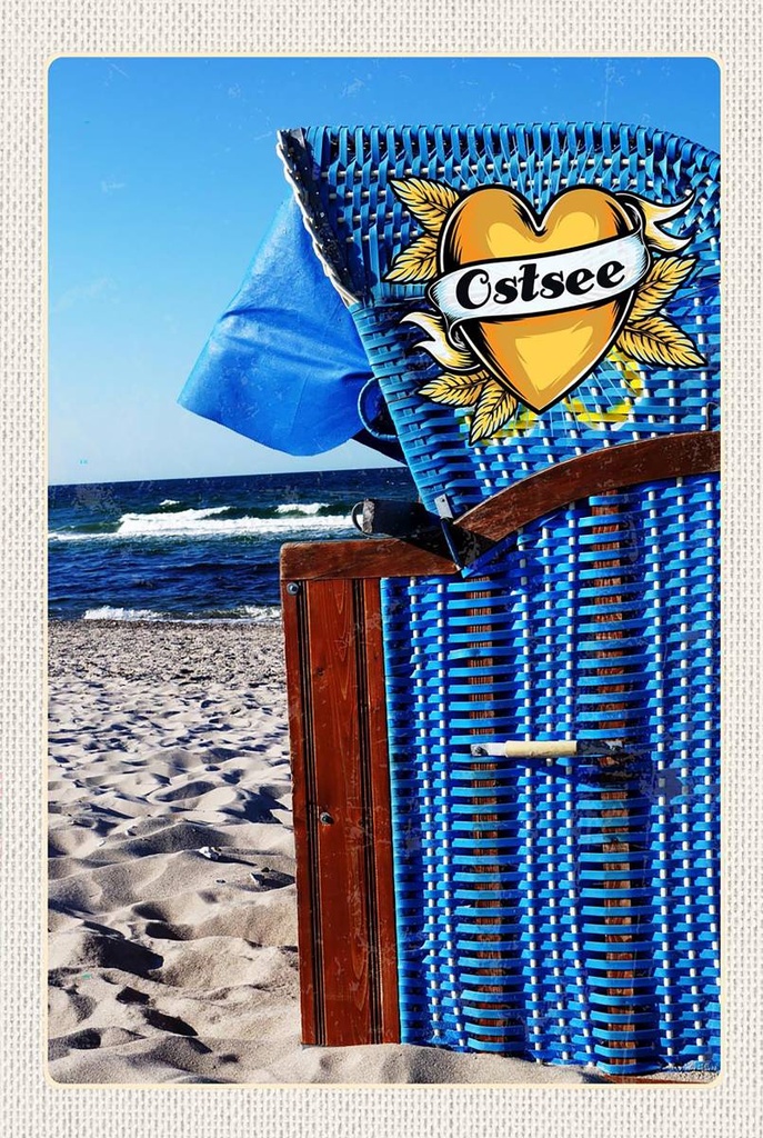 Holzschild 18x12 cm Ostsee Strandkorb blau Strand Bildmotiv Reisemotiv Abenteuer Reisen