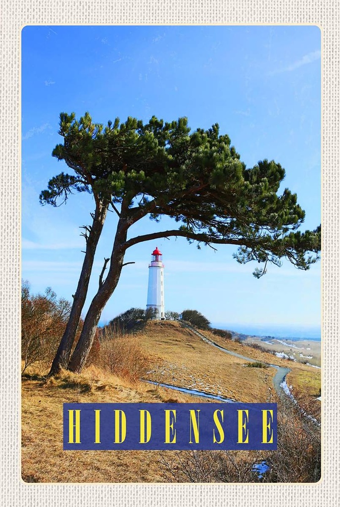 Holzschild 18x12 cm Hiddensee Leuchtturm Baum Weide Wiese Bildmotiv Reisemotiv Abenteuer Reisen