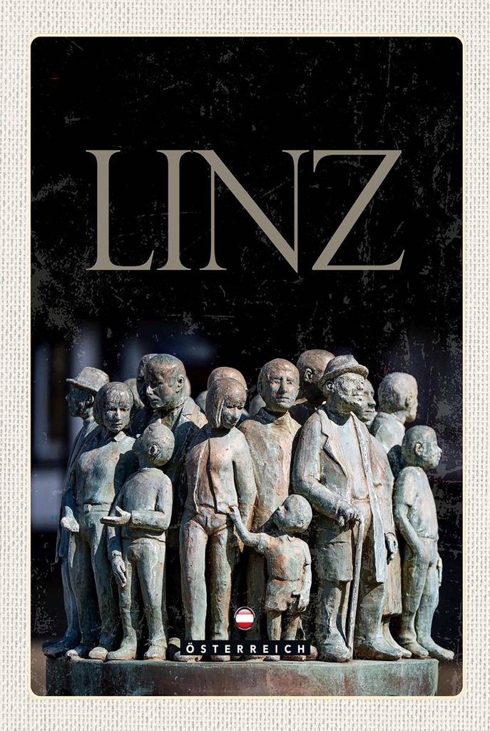 Holzschild 18x12 cm Linz Österreich Skulptur Menschen Bildmotiv Reisemotiv Abenteuer Reisen