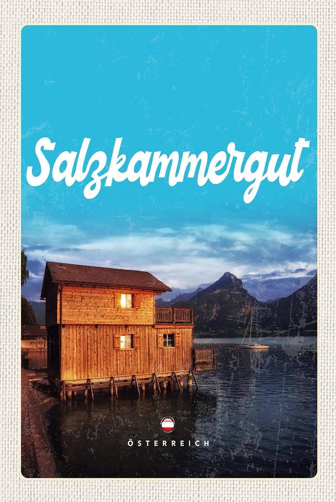 Holzschild 18x12 cm Salzkammergut Österreich Haus am See Bildmotiv Reisemotiv Abenteuer Reisen