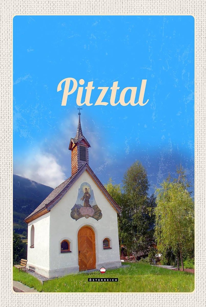 Holzschild 18x12 cm Pitztal Kirche Österreich Bildmotiv Reisemotiv Abenteuer Reisen