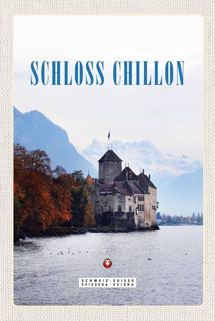 Holzschild 18x12 cm Ausblick auf Schloss Chillon Genfersee Bildmotiv Reisemotiv Abenteuer Reisen