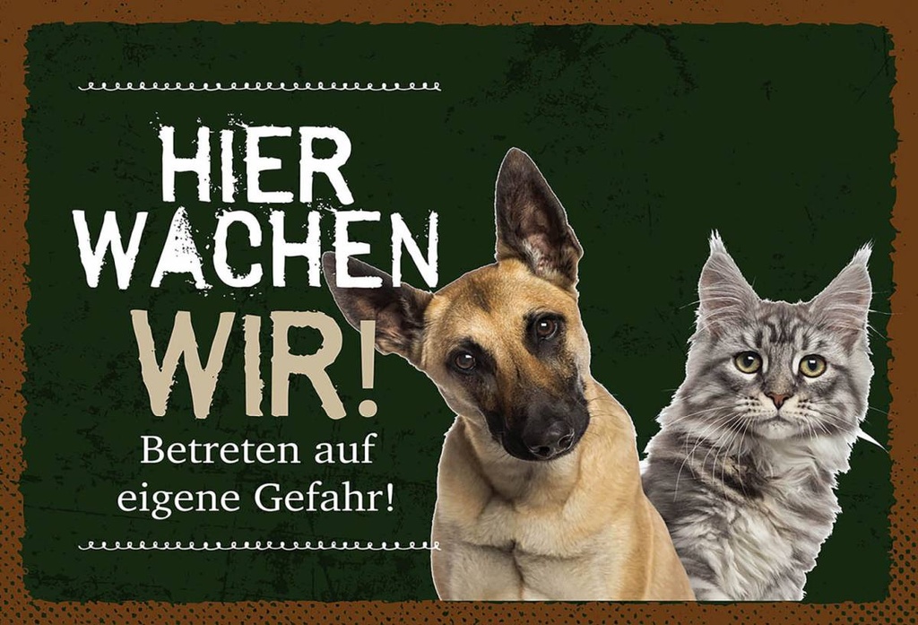 Holzschild 12x18 cm Hund Katze hier wachen wir